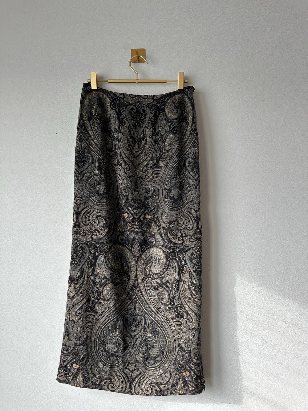 Vintage Paisley Laine Wool Midi Skirt Side Slit | 90s Dark Romantic Tailored